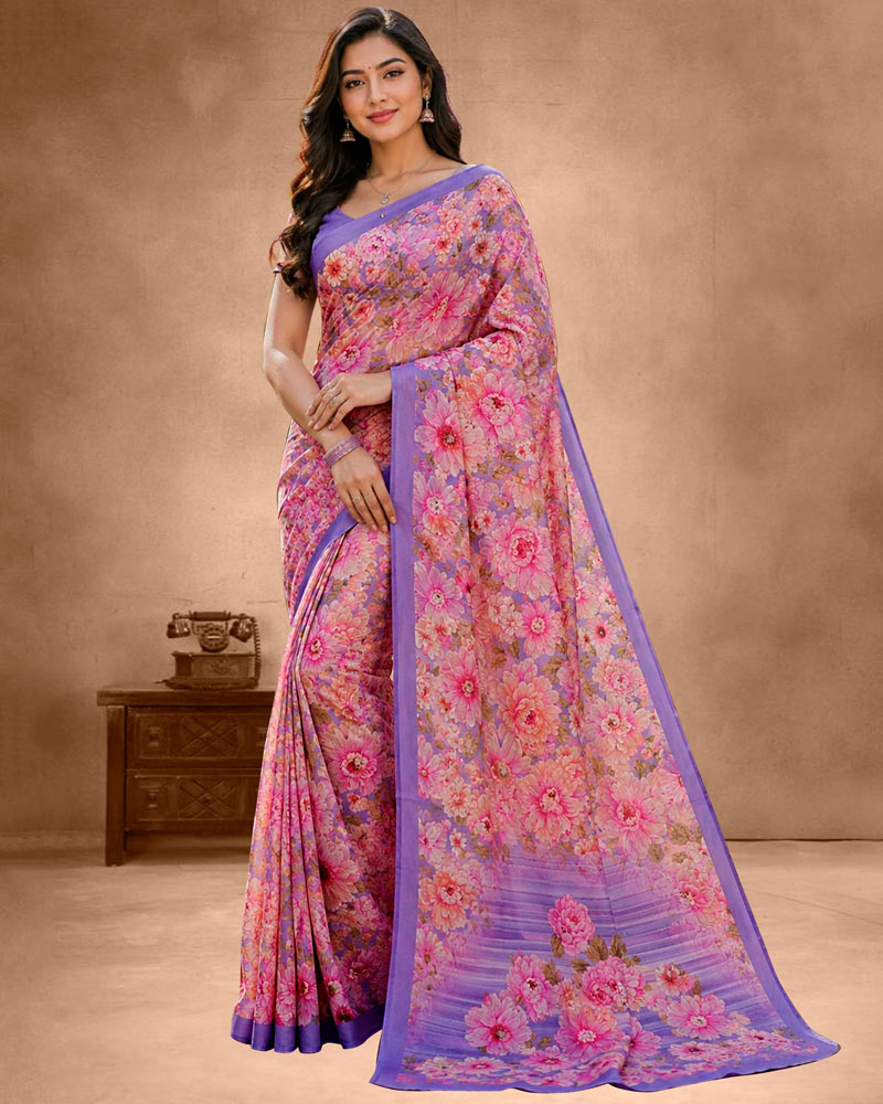 Vishal Prints Pink Lavender Floral Digital Print Georgette Saree
