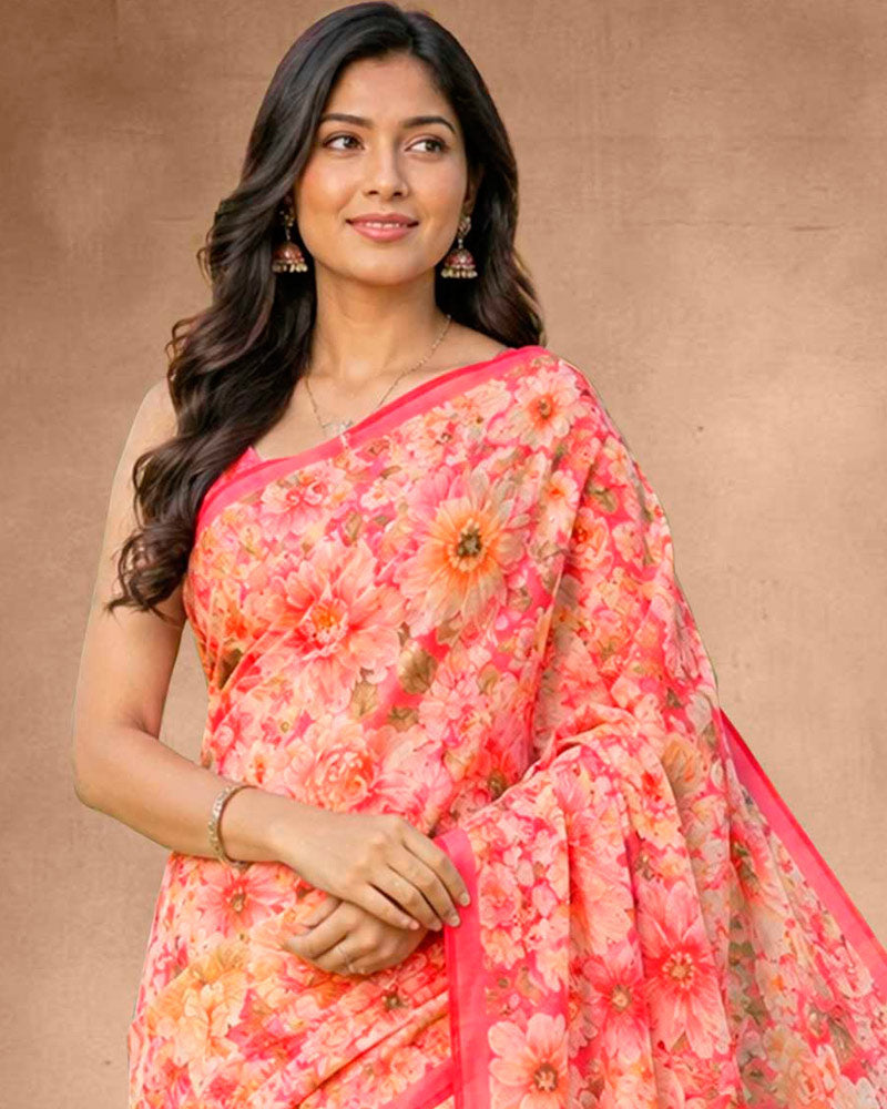 Vishal Prints Dark Fuchsia Pink Floral Digital Print Georgette Saree