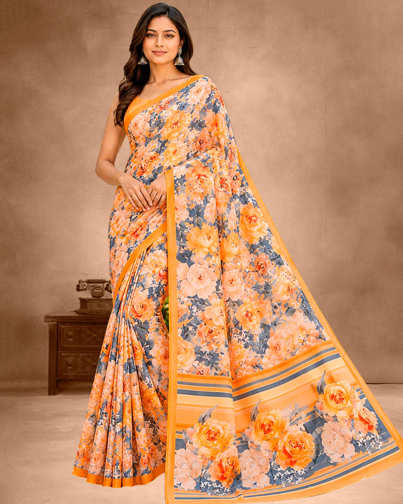 Vishal Prints Grey Orange Floral Digital Print Georgette Saree