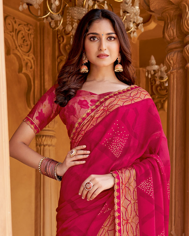 Vishal Prints Purplish Red Printed Chiffon Saree With Foil Print And Cut Work Border