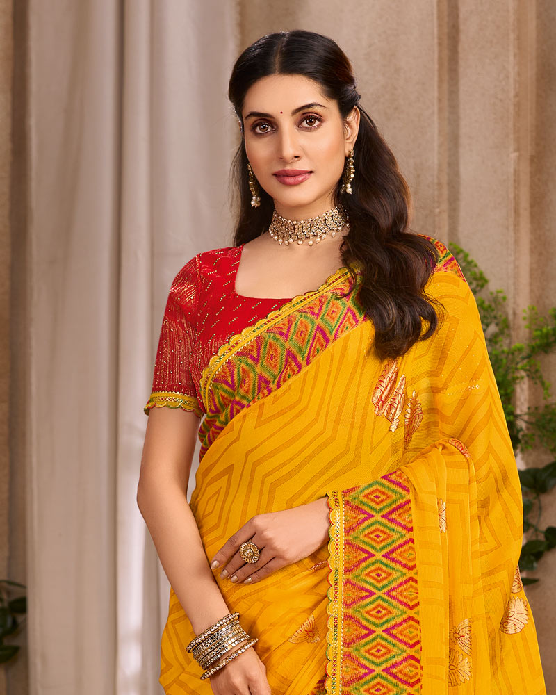 Vishal Prints Golden Yellow Printed Chiffon Saree With Foil Print And Cut Work Embroidery Border