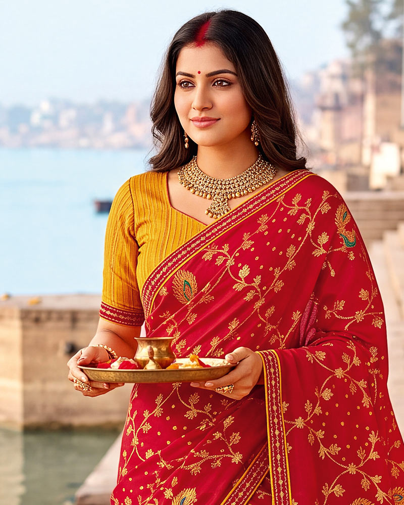 Vishal Prints Shiraz Red Printed Chiffon Traditional Print Saree With Foil Print And Fancy Border