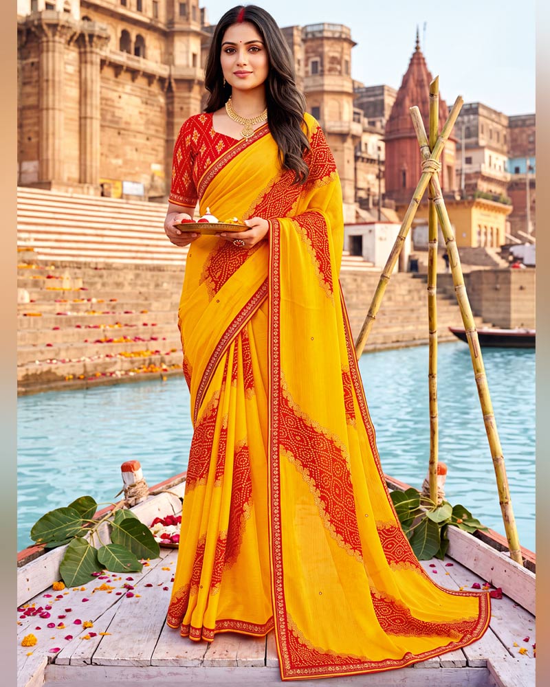 Vishal Prints Dark Orangey Yellow Printed Chiffon Traditional Print Saree With Foil Print And Fancy Border