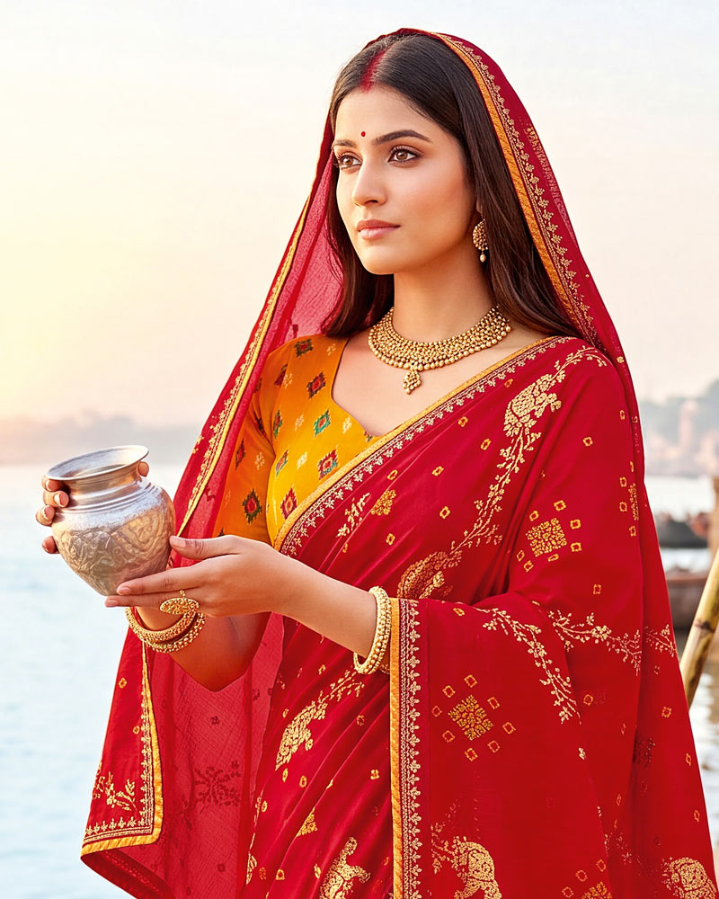Vishal Prints Milano Red Printed Chiffon Traditional Print Saree With Foil Print And Fancy Border