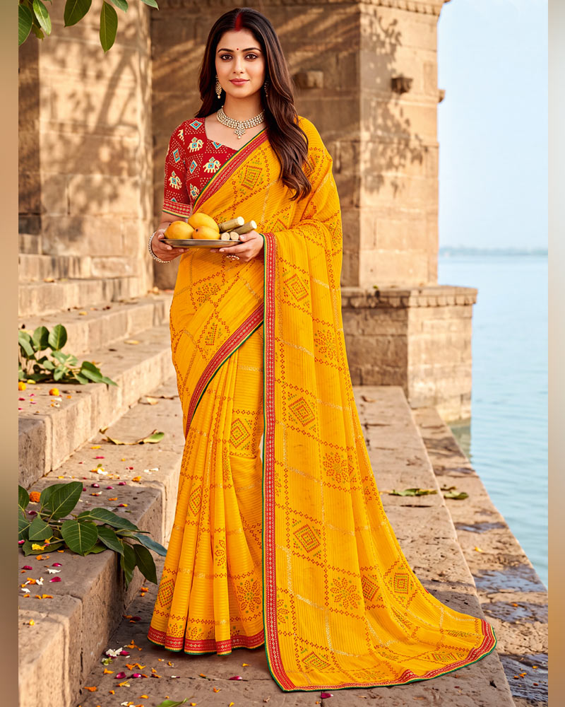 Vishal Prints Dark Golden Yellow Printed Chiffon Traditional Print Saree With Foil Print And Fancy Border
