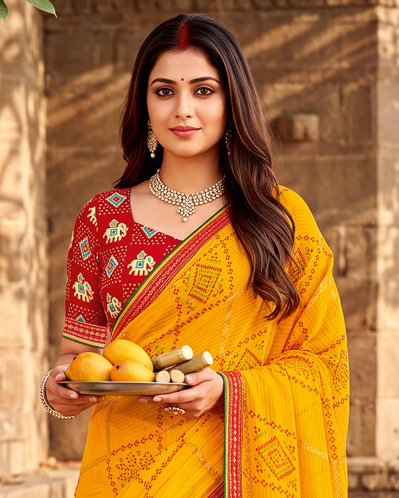 Vishal Prints Dark Golden Yellow Printed Chiffon Traditional Print Saree With Foil Print And Fancy Border