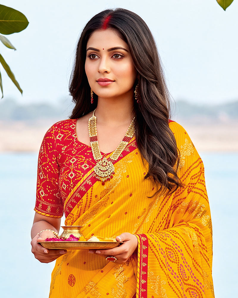 Vishal Prints Dark Orange Yellow Printed Chiffon Traditional Print Saree With Foil Print And Fancy Border