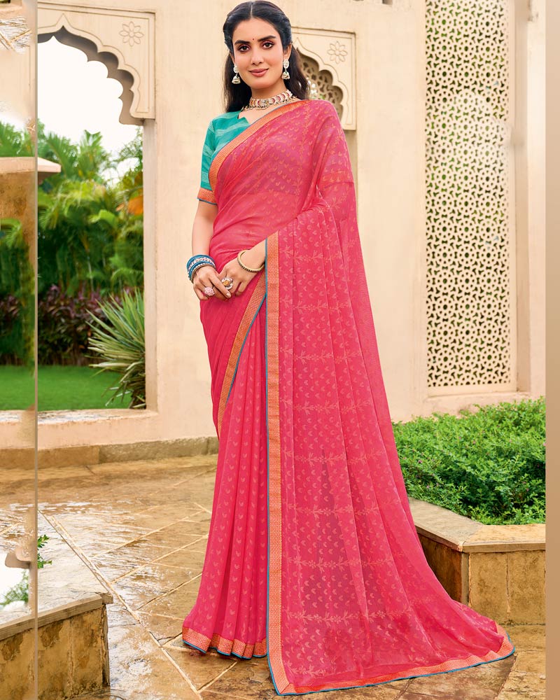 Vishal Prints Coral Pink Chiffon-Brasso Saree With Zari Border