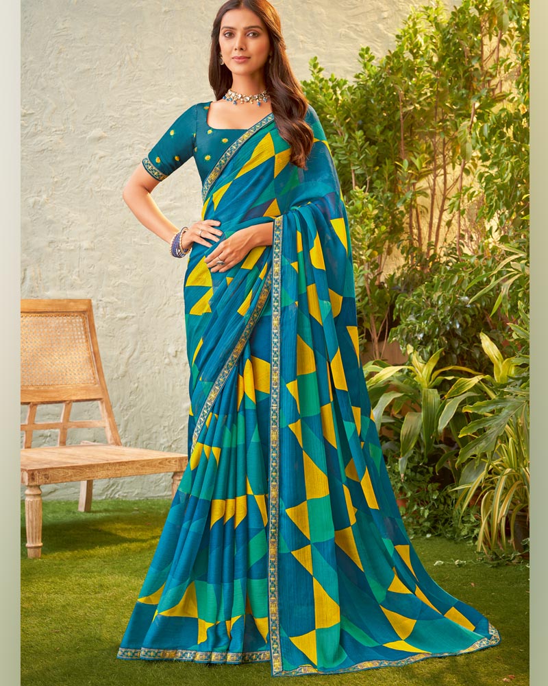 Vishal Prints Peacock Blue Fancy Chiffon Printed Saree With Zari Border
