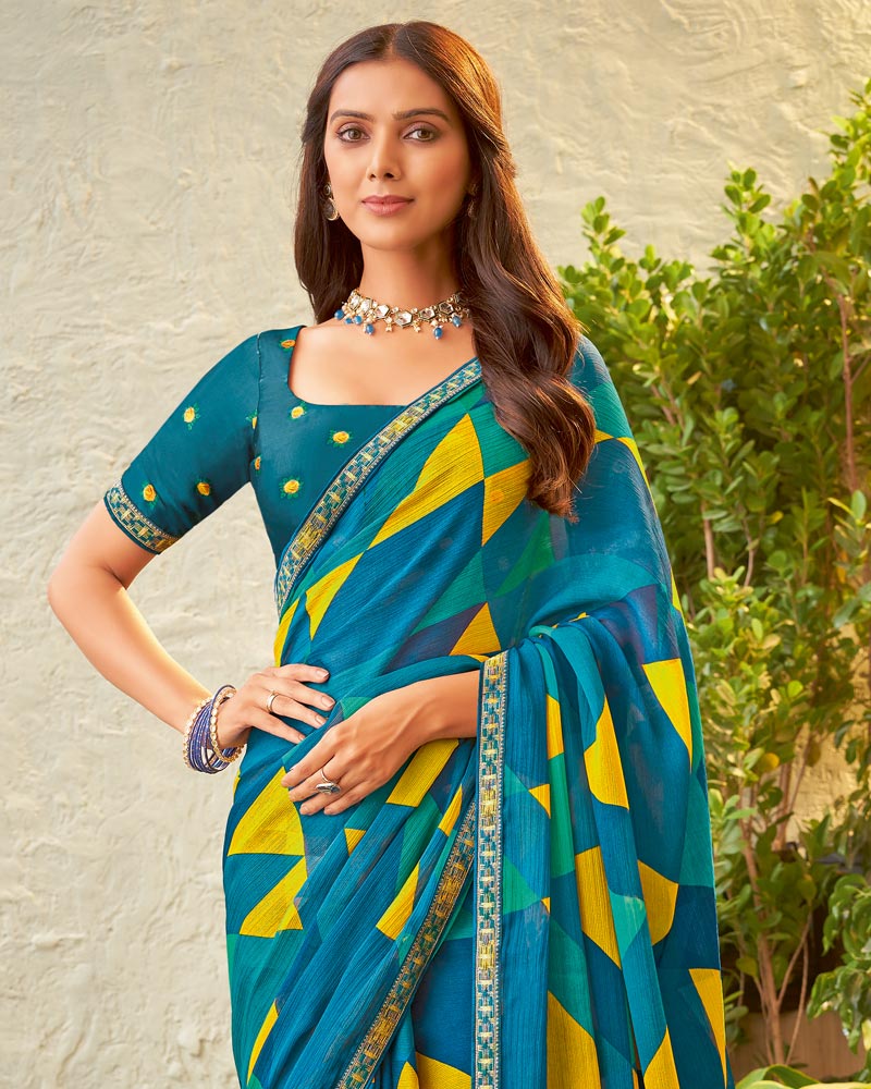 Vishal Prints Peacock Blue Fancy Chiffon Printed Saree With Zari Border