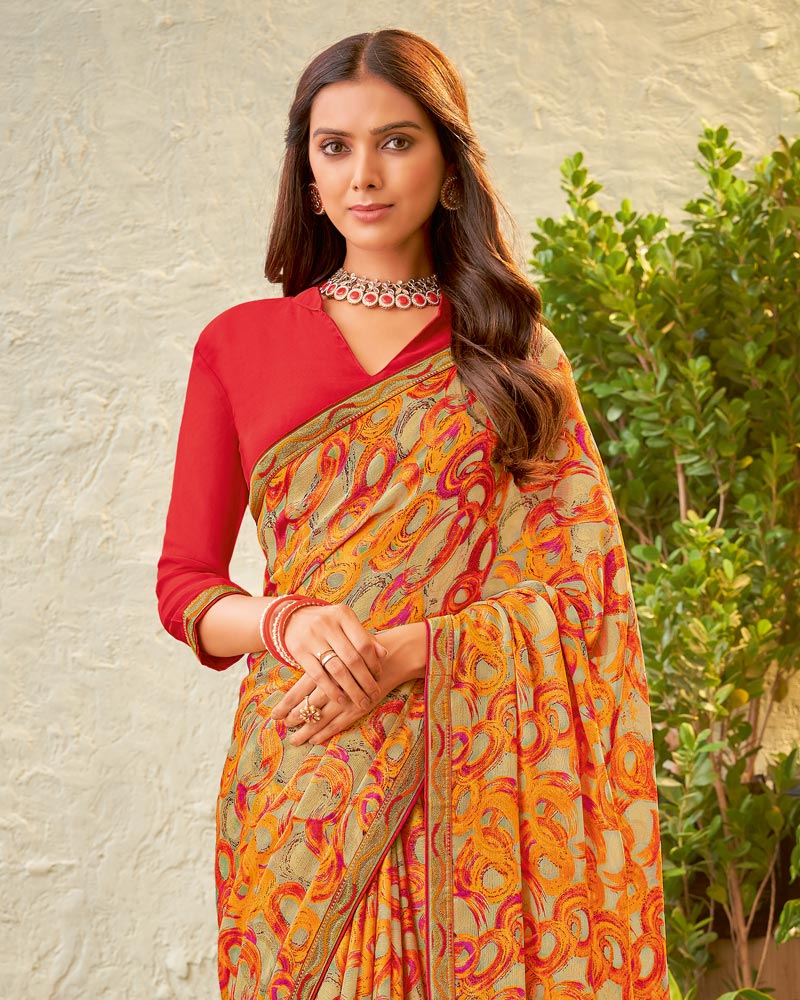 Vishal Prints Fawn Fancy Chiffon Printed Saree With Zari Border