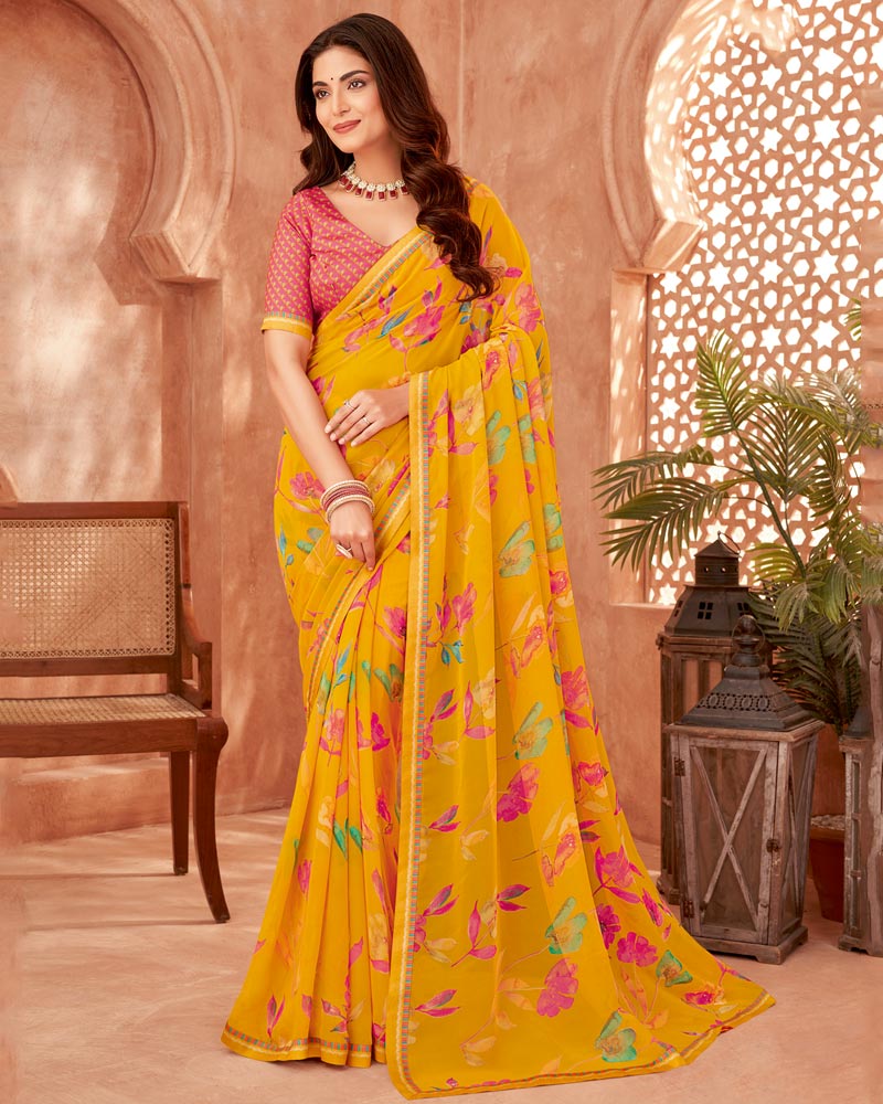 Vishal Prints Mustard Printed Georgette Saree With Fancy Border