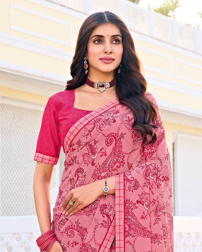 Vishal Prints Blush Pink Printed Georgette Saree With Fancy Border