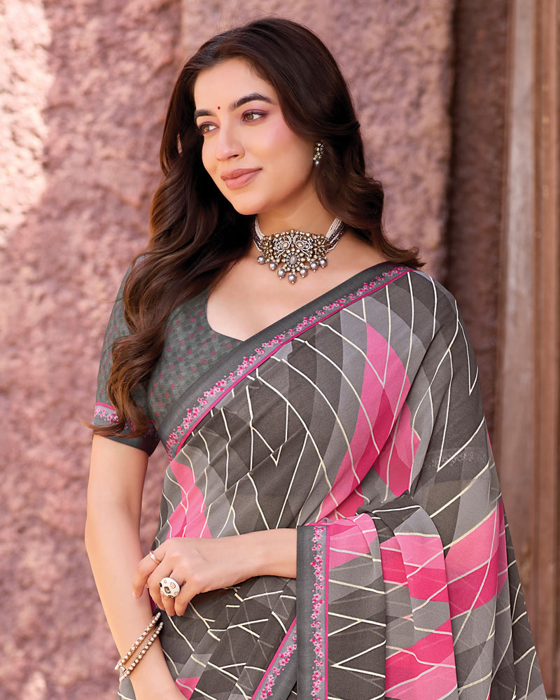 Vishal Prints Slate Grey Printed Georgette Saree With Fancy Border