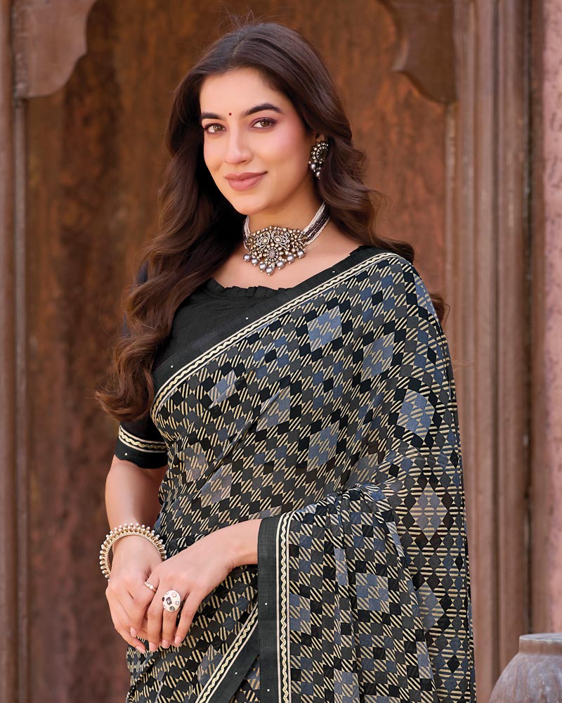 Vishal Prints Black Printed Georgette Saree With Fancy Border