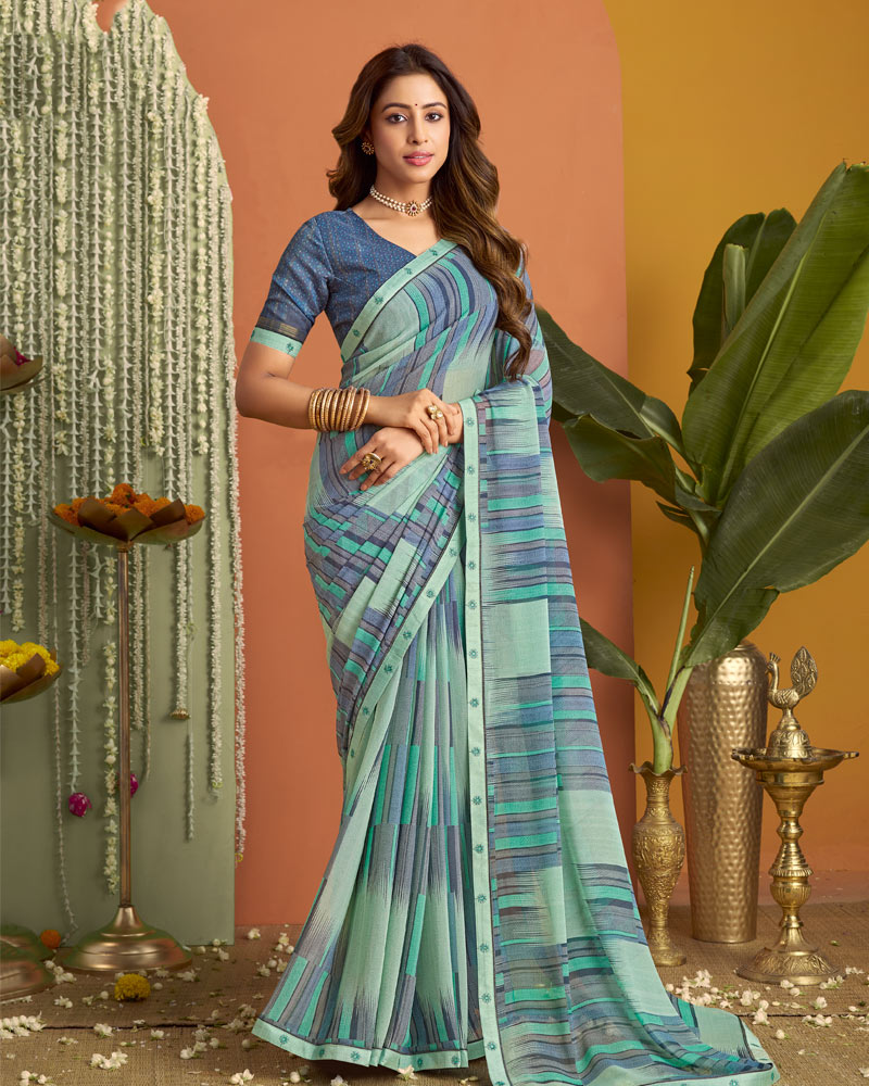 Vishal Prints Light Sea Green Printed Georgette Saree With Fancy Border