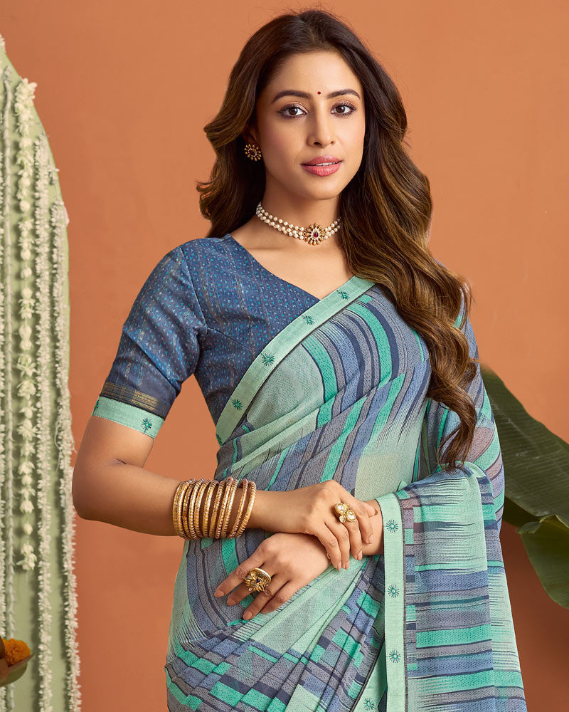 Vishal Prints Light Sea Green Printed Georgette Saree With Fancy Border