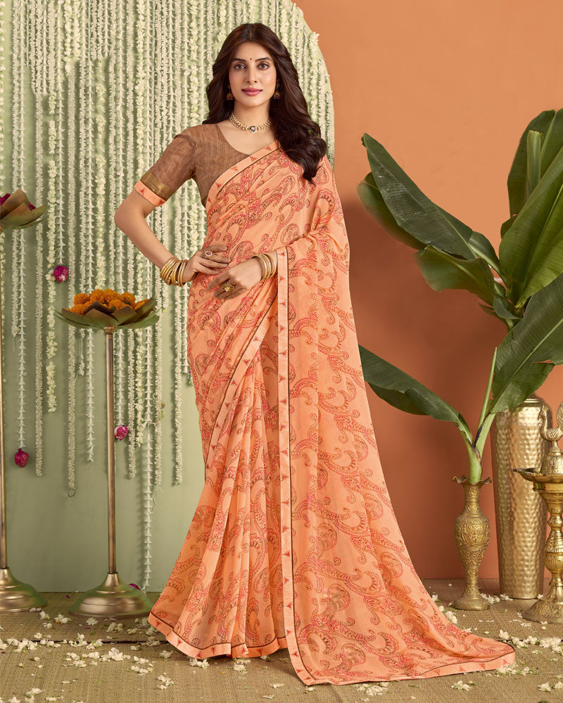 Vishal Prints Pale Orange Printed Georgette Saree With Fancy Border