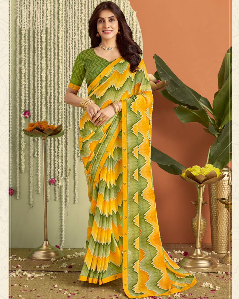 Vishal Prints Yellow Green Printed Georgette Saree With Fancy Border