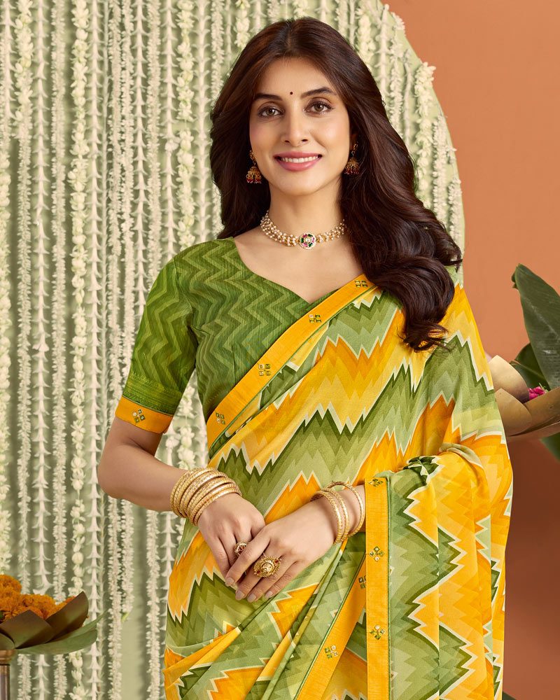Vishal Prints Yellow Green Printed Georgette Saree With Fancy Border