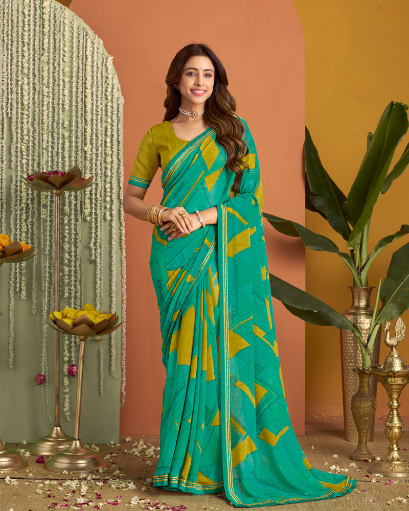 Vishal Prints Teal Green Printed Georgette Saree With Fancy Border