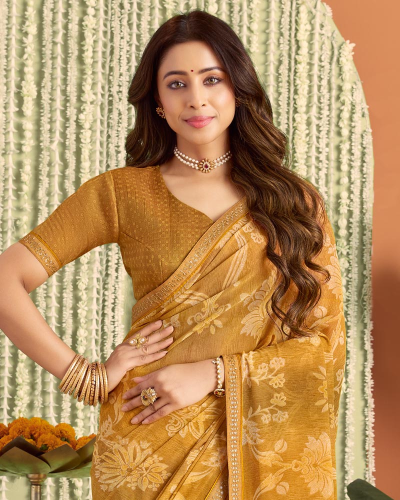 Vishal Prints Dusty Mustard Printed Georgette Saree With Fancy Border