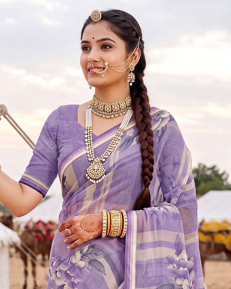 Vishal Prints Pastel Purple Printed Georgette Saree With Fancy Border