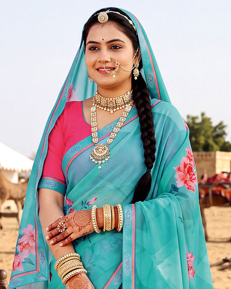 Vishal Prints Light Sea Green Printed Georgette Saree With Fancy Border