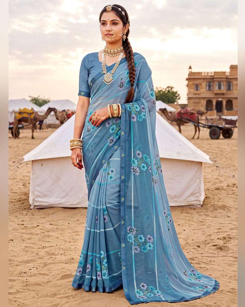 Vishal Prints Light Greyish Blue Printed Georgette Saree With Fancy Border