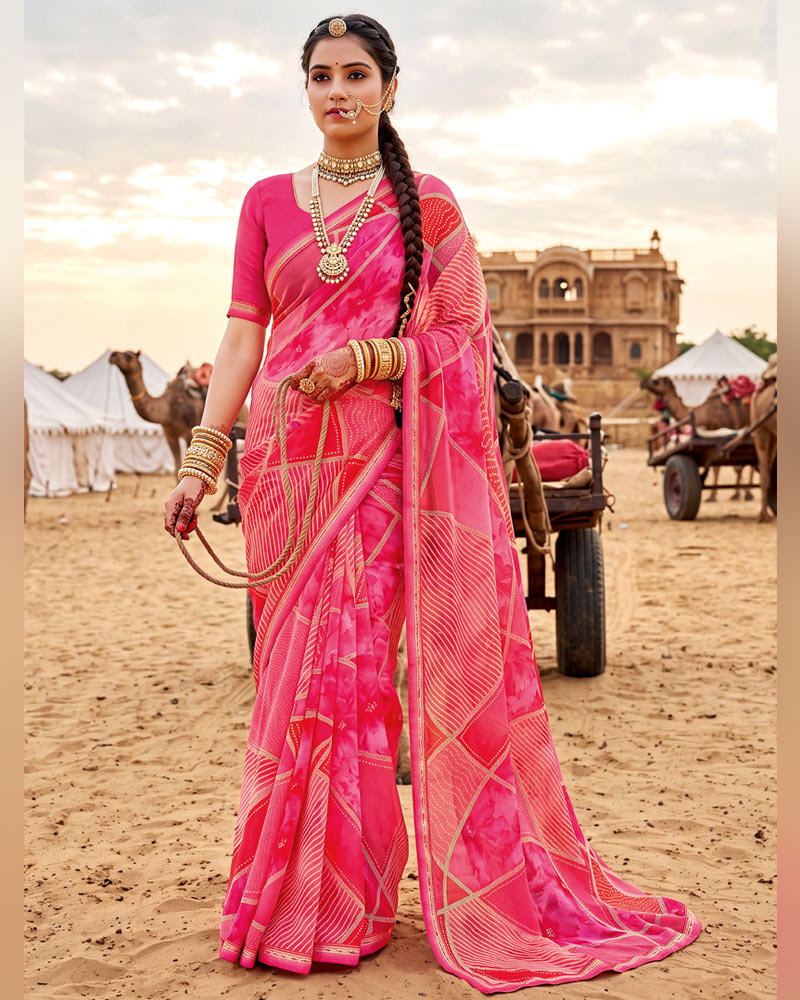 Vishal Prints Multi Pink Printed Georgette Saree With Fancy Border