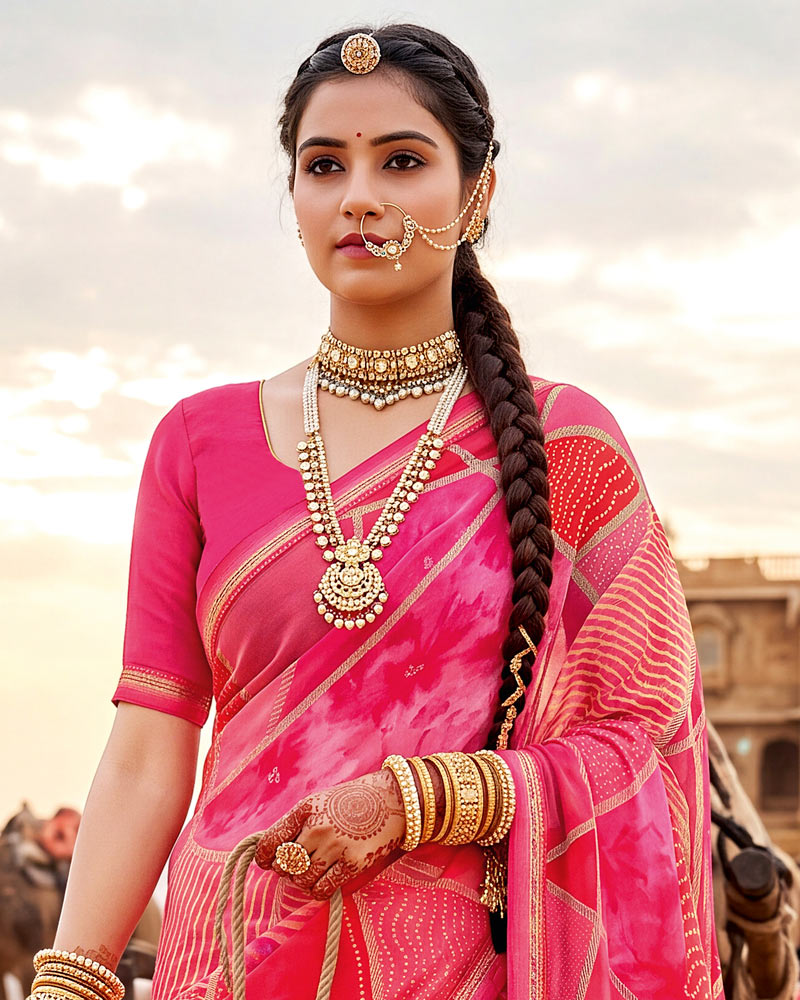 Vishal Prints Multi Pink Printed Georgette Saree With Fancy Border