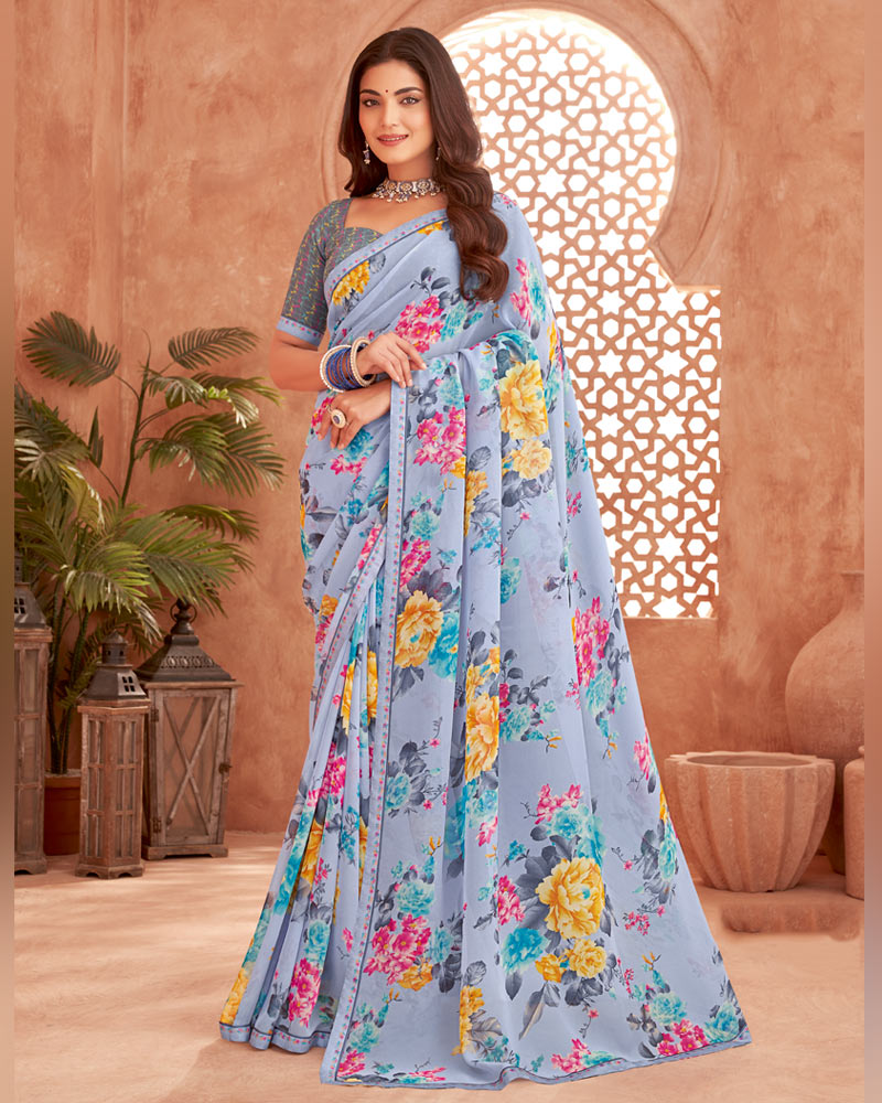 Vishal Prints Bluish Grey Printed Georgette Saree With Fancy Border