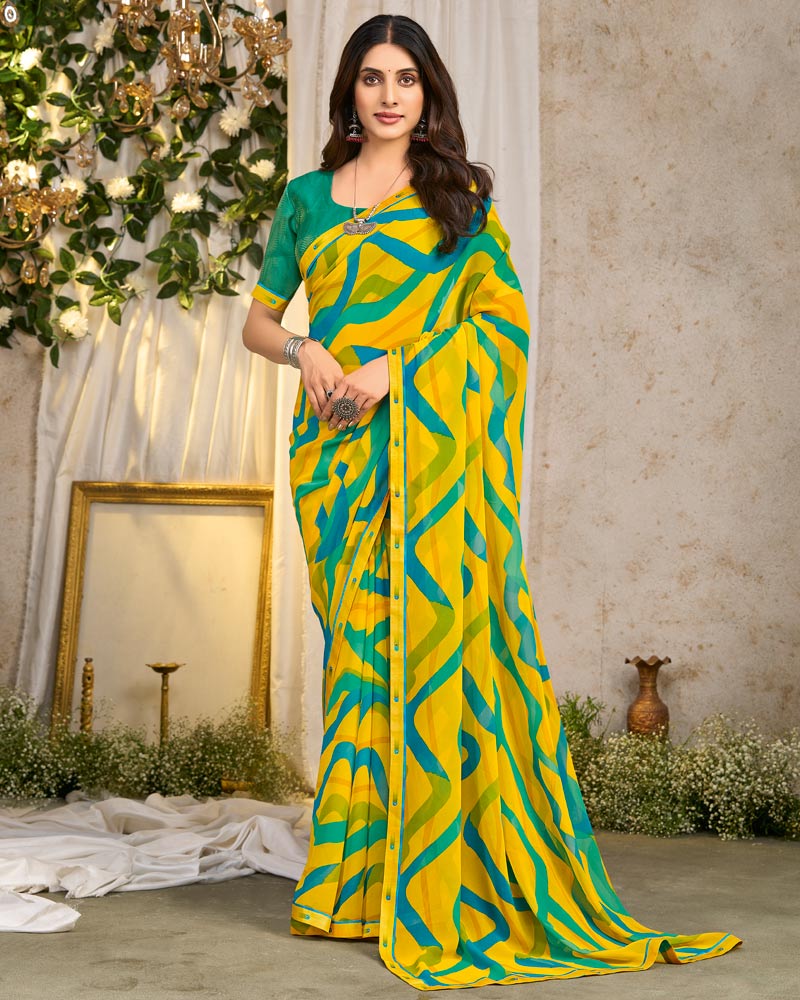 Vishal Prints Golden Yellow Printed Georgette Saree With Fancy Border