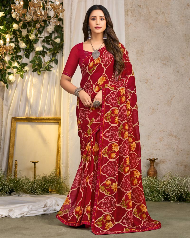 Vishal Prints Paprika Red Printed Georgette Saree With Fancy Border