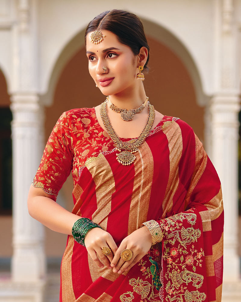 Vishal Prints Chili Red Designer Fancy Chiffon Saree With Embroidery-Diamond Work And Cut Work Border