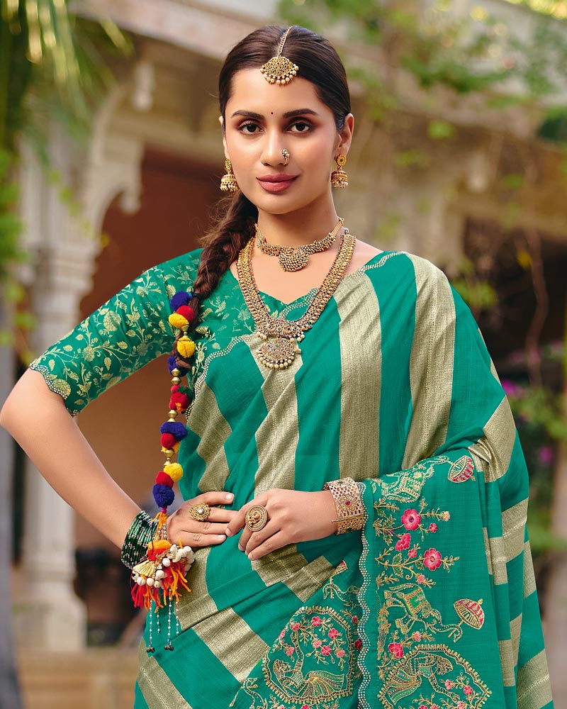 Vishal Prints Jade Green Designer Fancy Chiffon Saree With Embroidery-Diamond Work And Cut Work Border