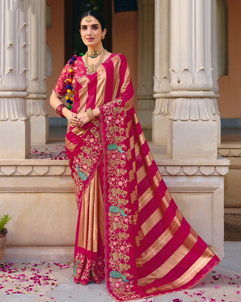 Vishal Prints Hot Pink Designer Fancy Chiffon Saree With Embroidery-Diamond Work And Cut Work Border