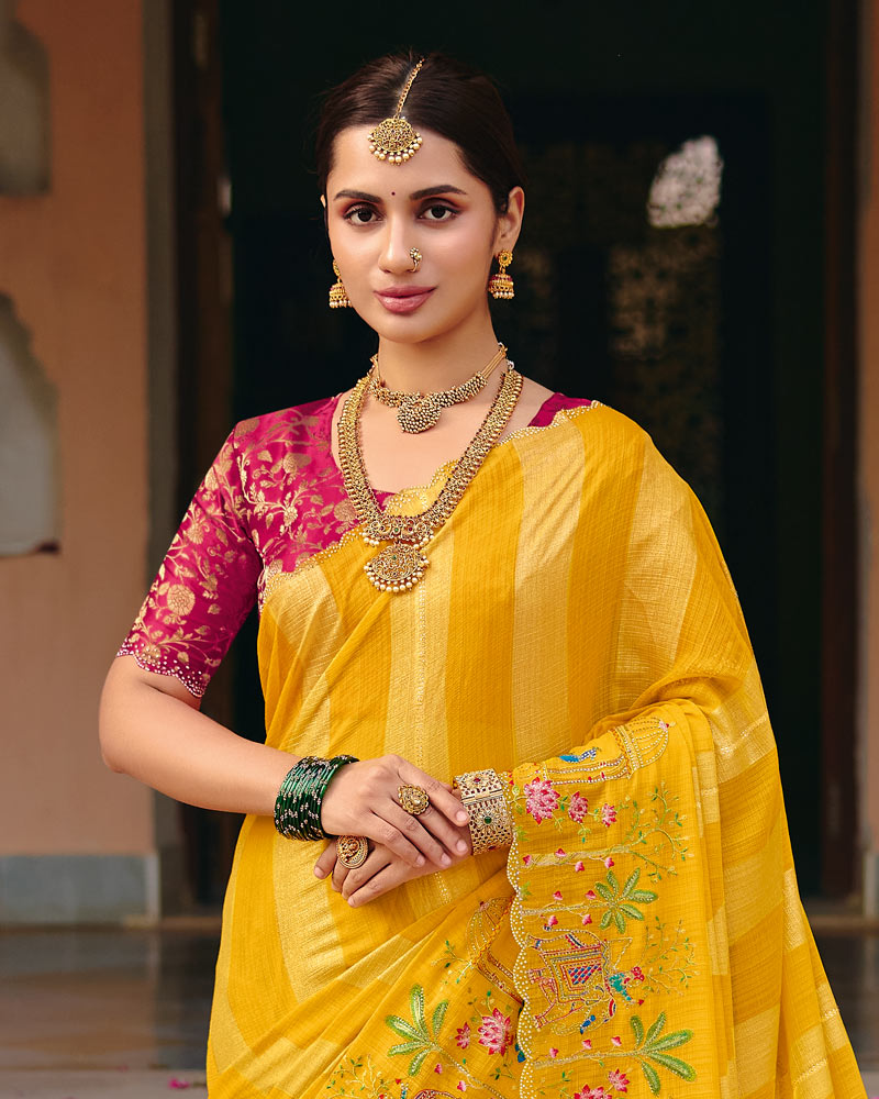 Vishal Prints Golden Yellow Designer Fancy Chiffon Saree With Embroidery-Diamond Work And Cut Work Border