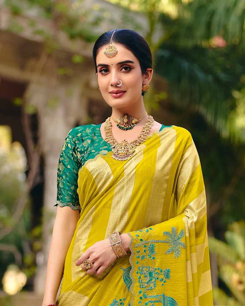 Vishal Prints Indian Yellow Designer Fancy Chiffon Saree With Embroidery-Diamond Work And Cut Work Border
