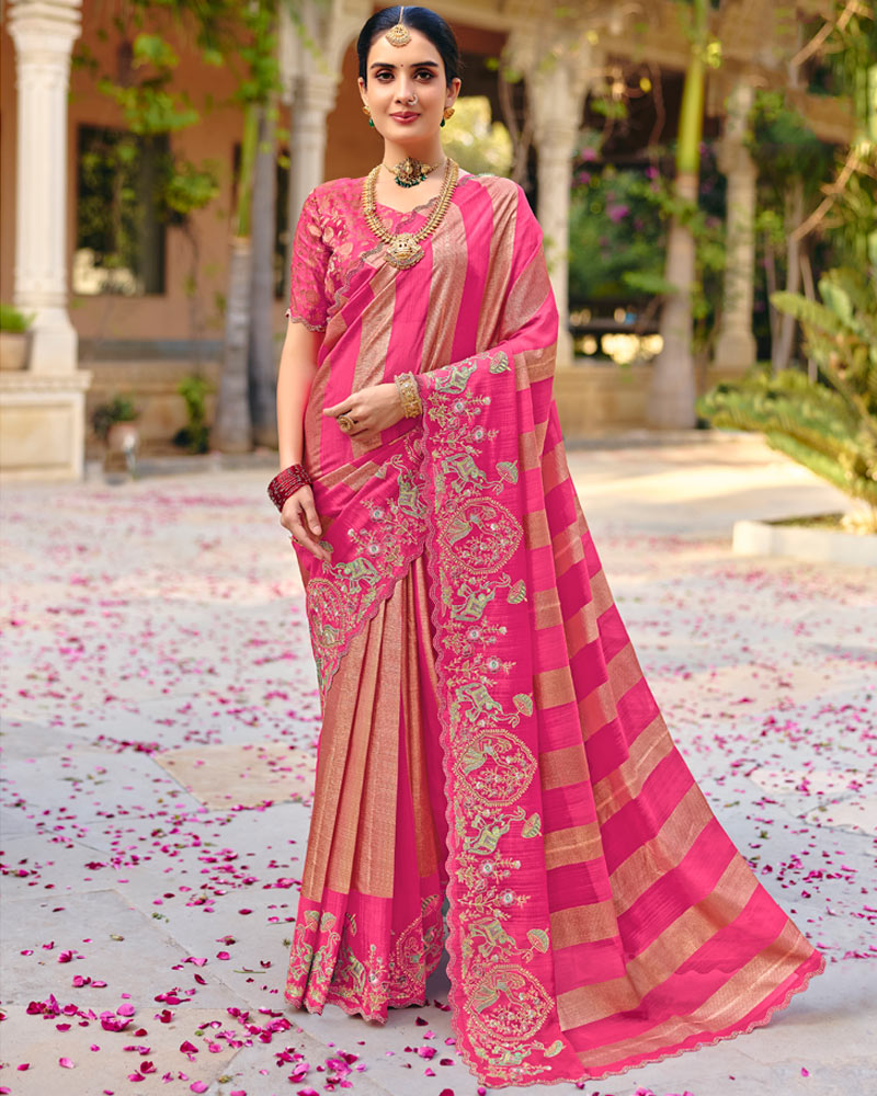 Vishal Prints French Rose Pink Designer Fancy Chiffon Traditional Print Saree With Foil Print And Embroidery Diamond Work