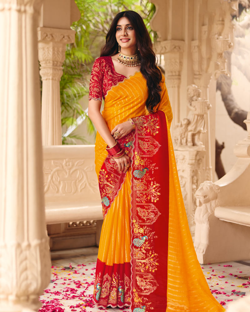 Vishal Prints Bright Yellow Designer Fancy Chiffon Saree With Foil Print-Embroidery-Diamond Work And Cut Work Border