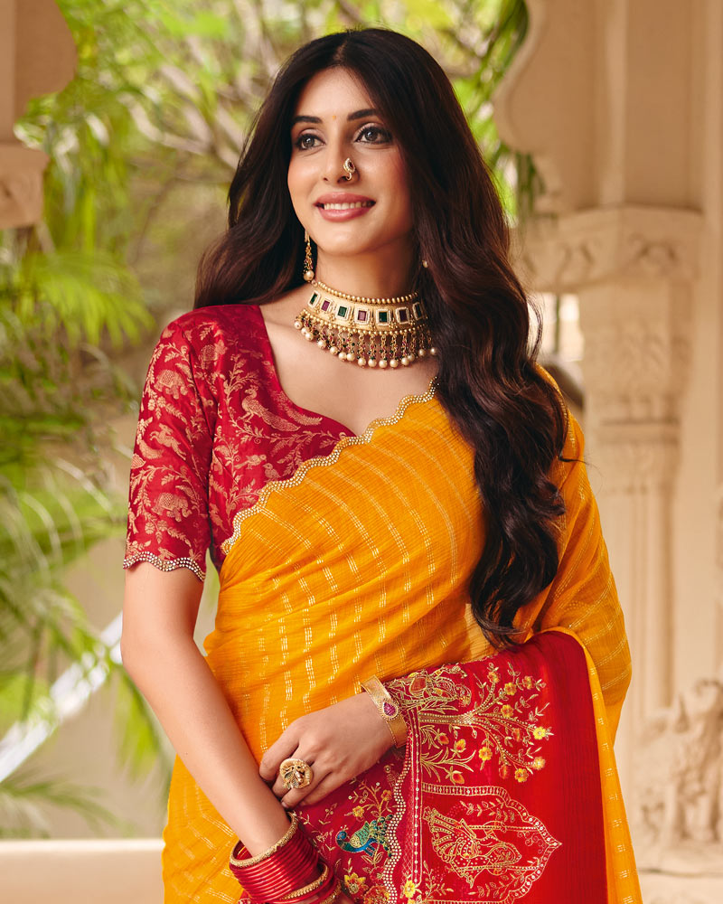 Vishal Prints Bright Yellow Designer Fancy Chiffon Saree With Foil Print-Embroidery-Diamond Work And Cut Work Border