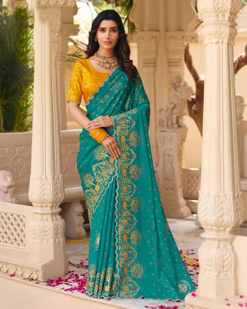 Vishal Prints Sky Blue Designer Fancy Chiffon Saree With Foil Print-Embroidery-Diamond Work And Cut Work Border