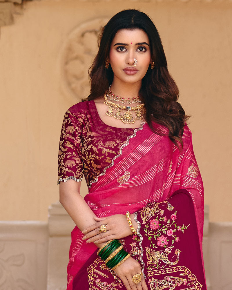 Vishal Prints Dark Pink Designer Fancy Chiffon Saree With Foil Print-Embroidery-Diamond Work And Cut Work Border