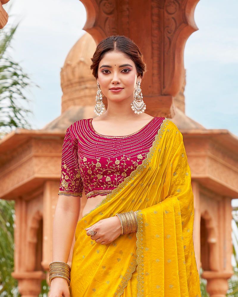 Vishal Prints Yellow Orange Designer Organza Saree With Diamond Work And Cut Work Embroidery Border