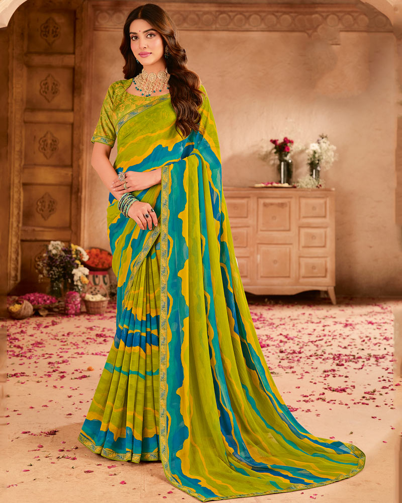 Vishal Prints Mehandi Green Printed Chiffon Saree With Zari Border