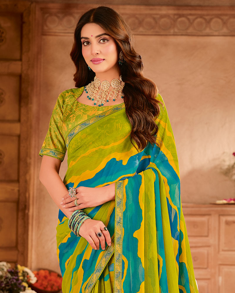 Vishal Prints Mehandi Green Printed Chiffon Saree With Zari Border