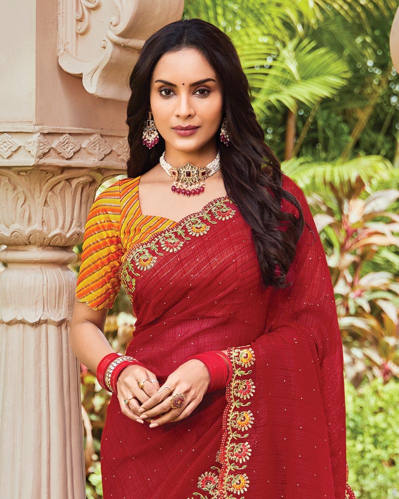 Vishal Prints Brick Red Designer Fancy Chiffon Saree With Embroidery-Diamond Work And Cut Work Border