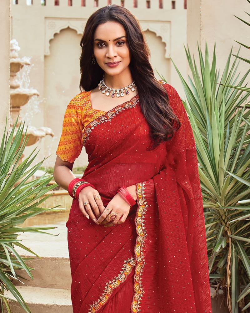 Vishal Prints Chili Red Designer Fancy Chiffon Saree With Embroidery-Diamond Work And Cut Work Border