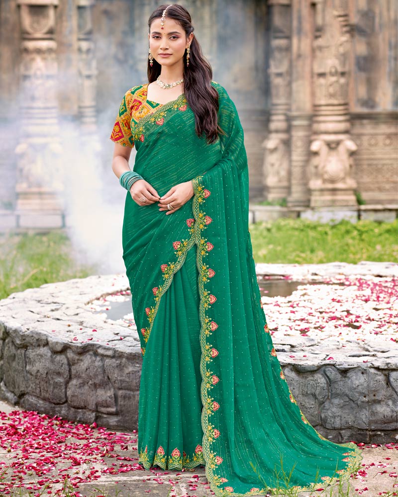 Vishal Prints Forest Green Designer Fancy Chiffon Saree With Diamond Work And Cut Work Embroidery Border